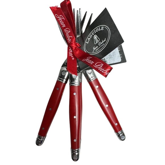 Laguiole Jean Dubost Bee Logo Red Cocktail Fork Set 4-Piece Stainless Steel Gift - Picture 5 of 11